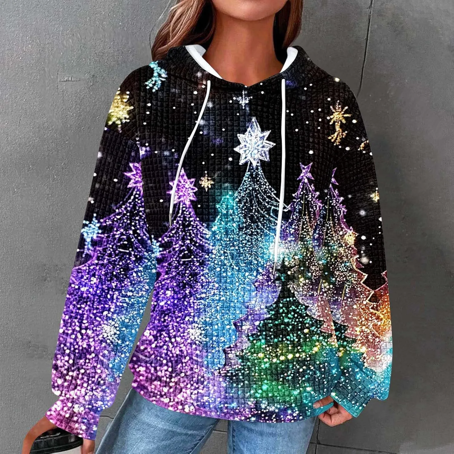 Christmas Hoodies for Women Glitter Xmas Tree Graphic Long Sleeve Sweatshirts Oversized Casual Funny Holiday Pullover
