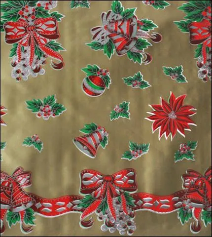 Christmas Oilcloth Tablecloth Bells and Bows on Gold