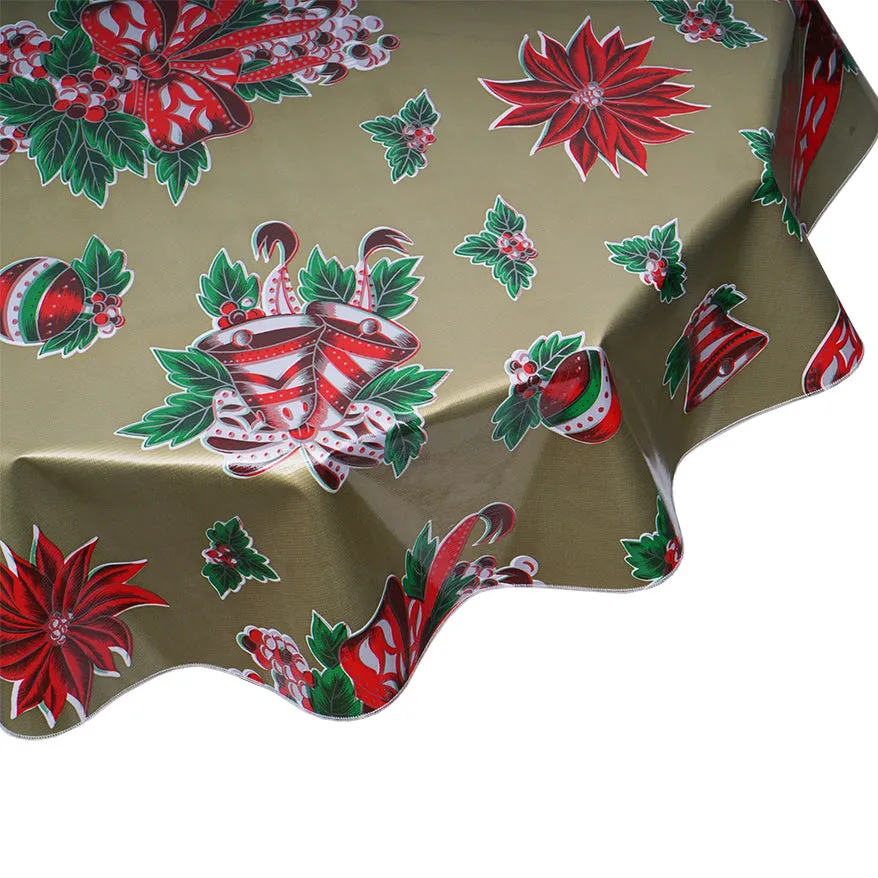 Christmas Oilcloth Tablecloth Bells and Bows on Gold