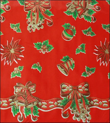 Christmas Oilcloth Tablecloth Bells and Bows on Red