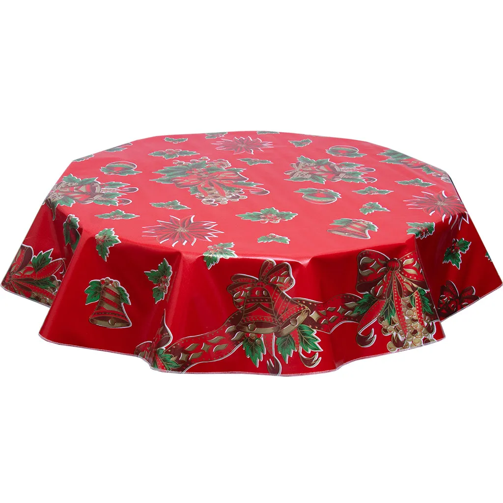 Christmas Oilcloth Tablecloth Bells and Bows on Red