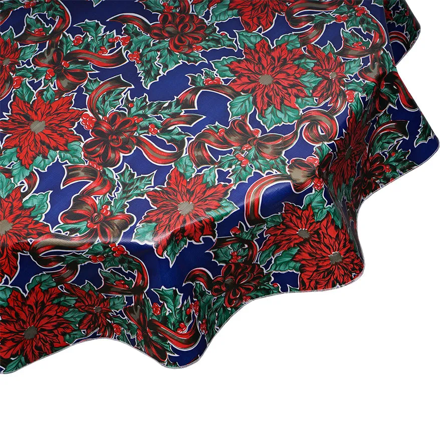 Christmas Oilcloth Tablecloth in Ribbons and Holly on Blue