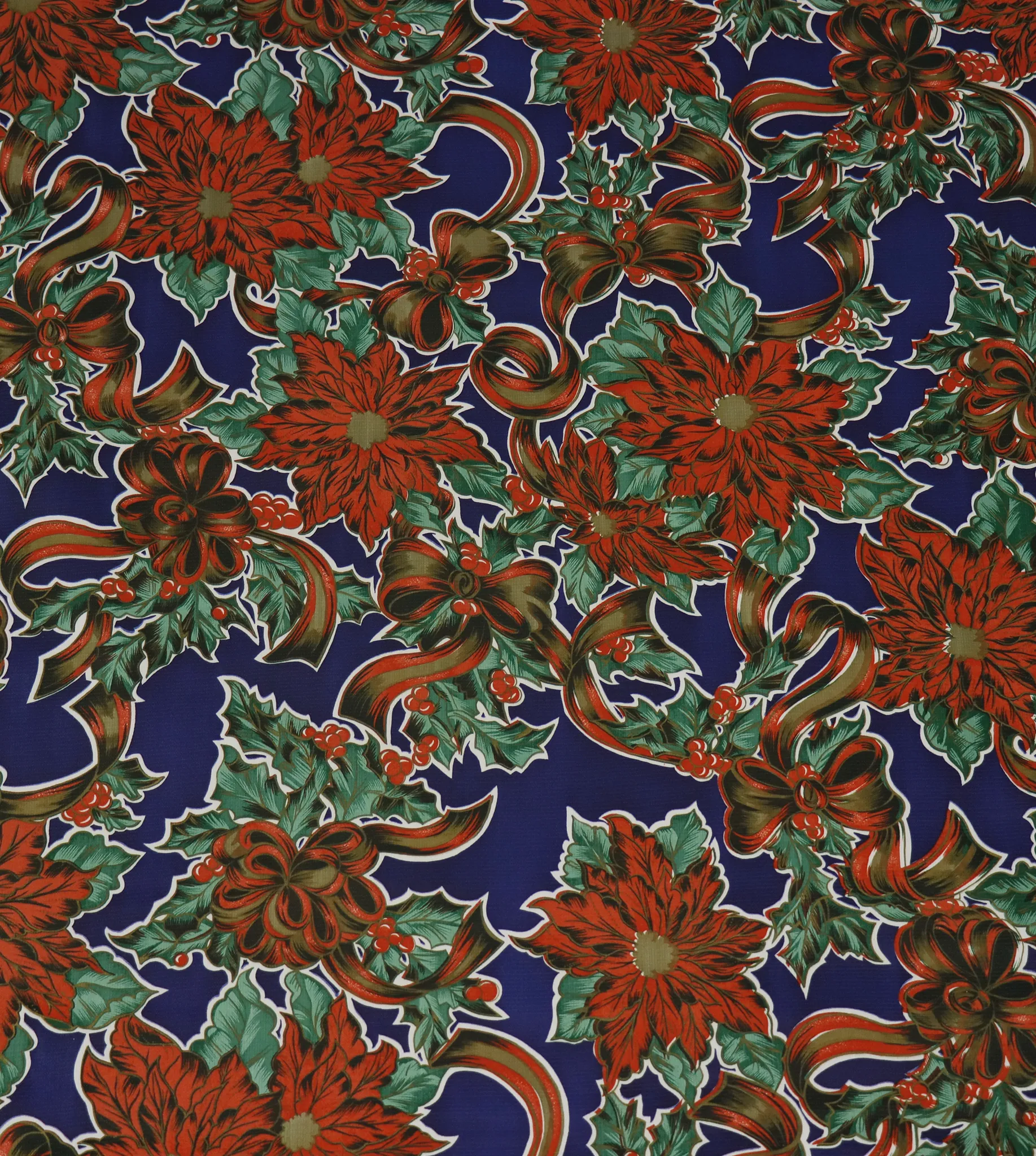 Christmas Oilcloth Tablecloth in Ribbons and Holly on Blue
