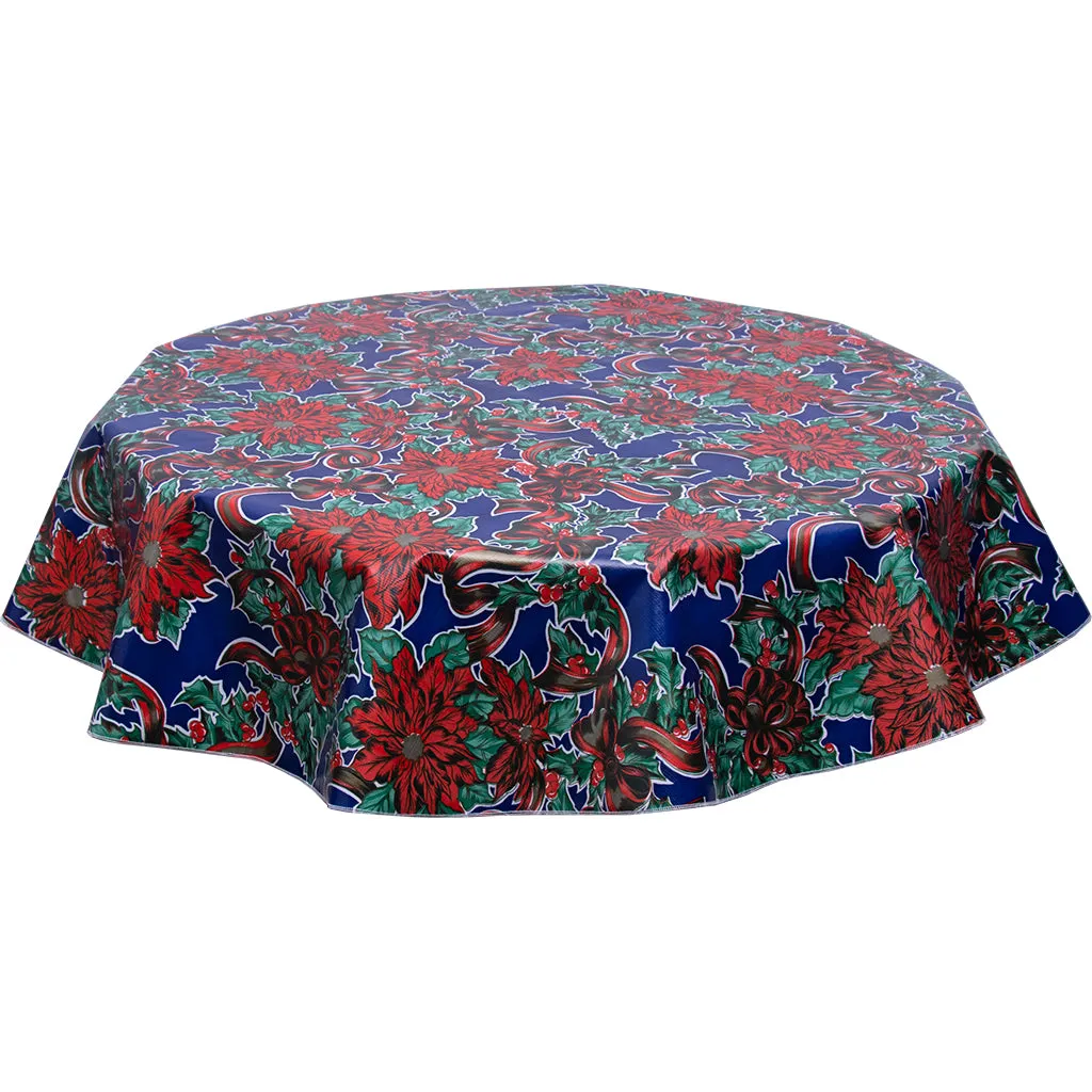Christmas Oilcloth Tablecloth in Ribbons and Holly on Blue