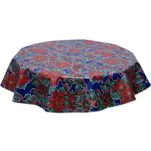 Christmas Oilcloth Tablecloth in Ribbons and Holly on Blue