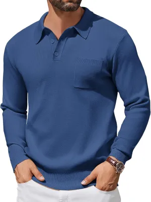 COOFANDY Mens Long Sleeve Polo Sweater Knit Polo Casual Heavyweight Thermal Pullover Sweater with Pocket