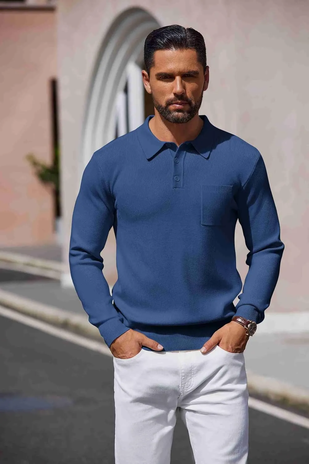 COOFANDY Mens Long Sleeve Polo Sweater Knit Polo Casual Heavyweight Thermal Pullover Sweater with Pocket