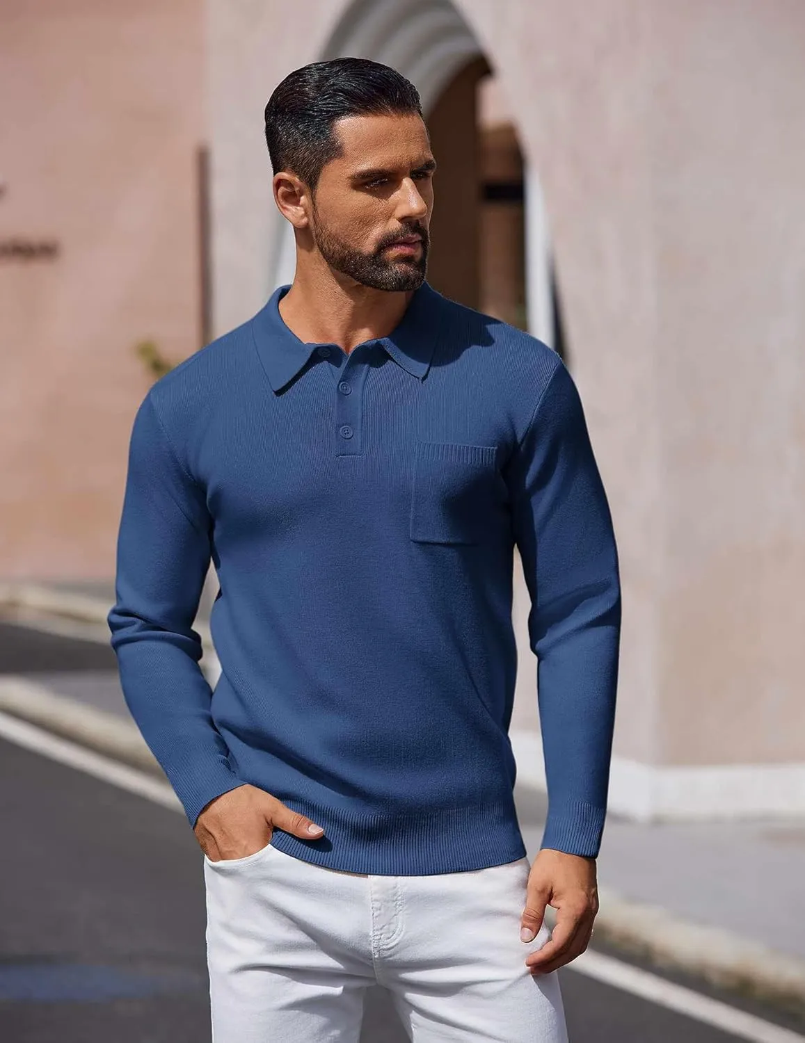 COOFANDY Mens Long Sleeve Polo Sweater Knit Polo Casual Heavyweight Thermal Pullover Sweater with Pocket