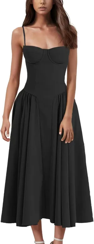 Corset Dress-Sexy Spaghetti Strap Bustier Midi Dress Low Cut Flowy Pleated Hem Modest Formal Dresses with Pockets