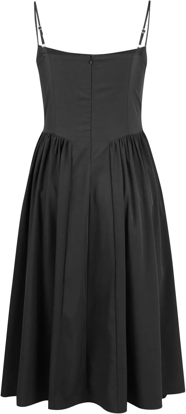 Corset Dress-Sexy Spaghetti Strap Bustier Midi Dress Low Cut Flowy Pleated Hem Modest Formal Dresses with Pockets