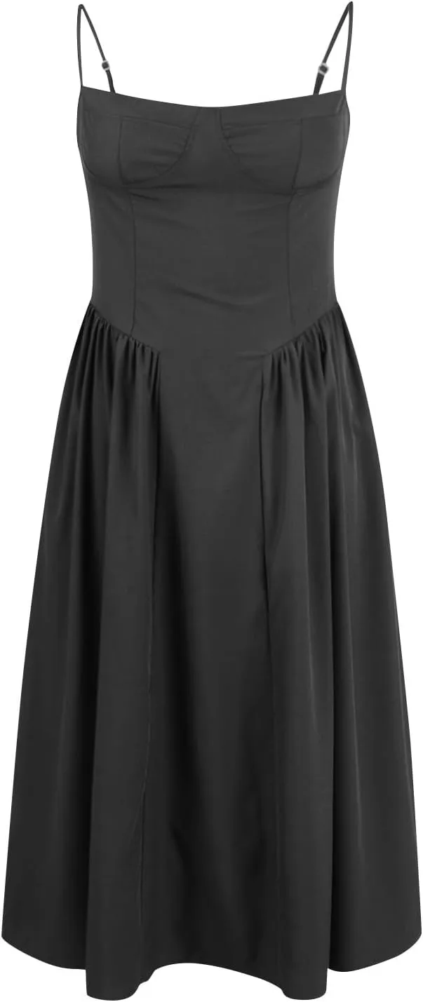 Corset Dress-Sexy Spaghetti Strap Bustier Midi Dress Low Cut Flowy Pleated Hem Modest Formal Dresses with Pockets