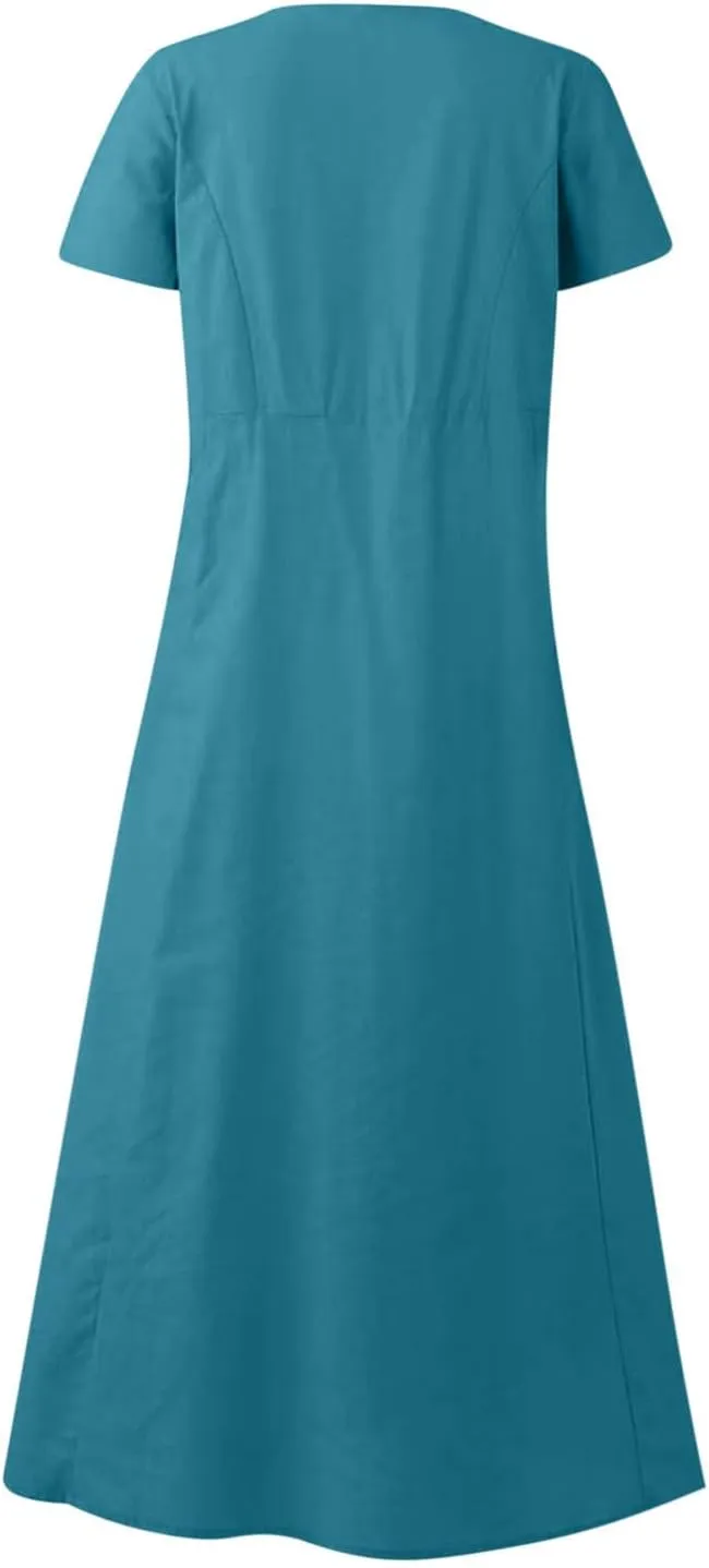 Cotton Linen Maxi Dress Summer Fashion Short Sleeve Beach Dresses Boho Casual Sundress Ladies Vacation Outfits 2025