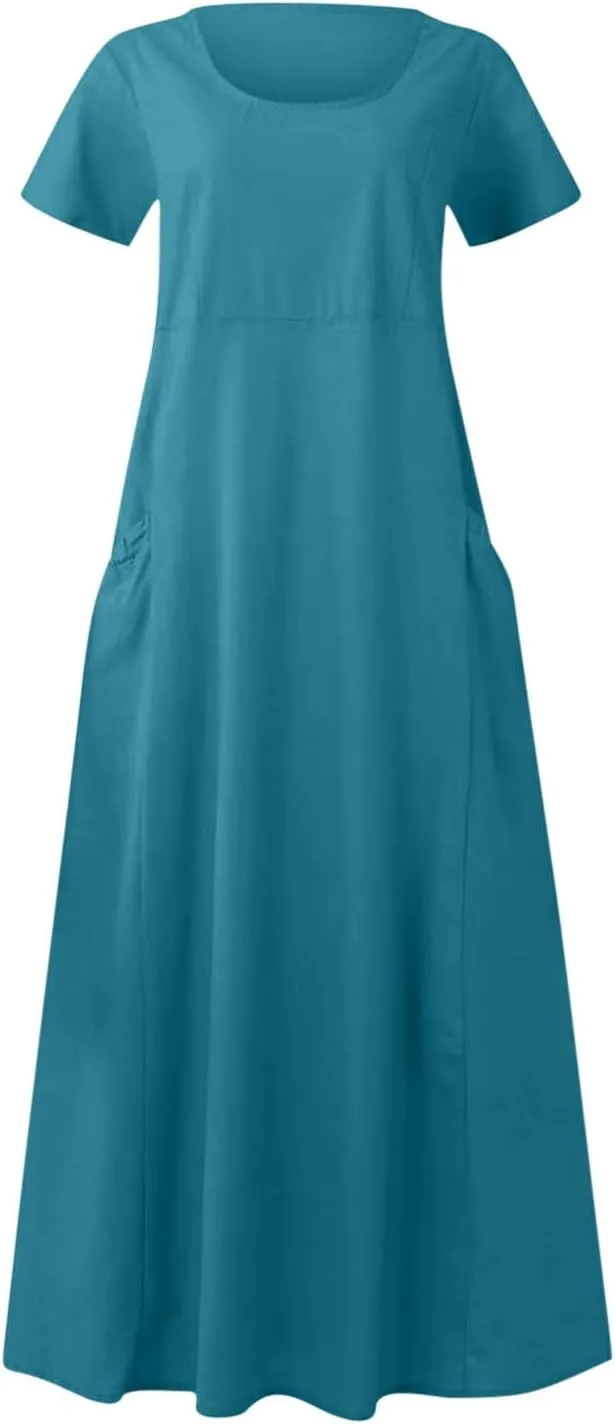 Cotton Linen Maxi Dress Summer Fashion Short Sleeve Beach Dresses Boho Casual Sundress Ladies Vacation Outfits 2025