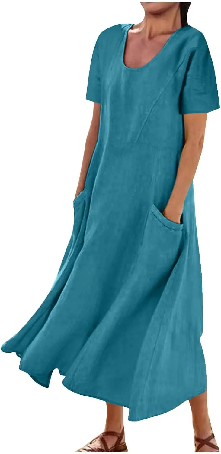 Cotton Linen Maxi Dress Summer Fashion Short Sleeve Beach Dresses Boho Casual Sundress Ladies Vacation Outfits 2025