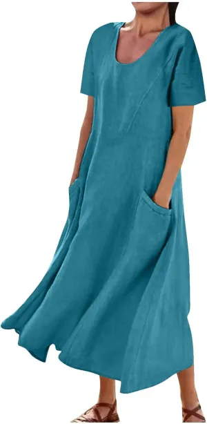 Cotton Linen Maxi Dress Summer Fashion Short Sleeve Beach Dresses Boho Casual Sundress Ladies Vacation Outfits 2025