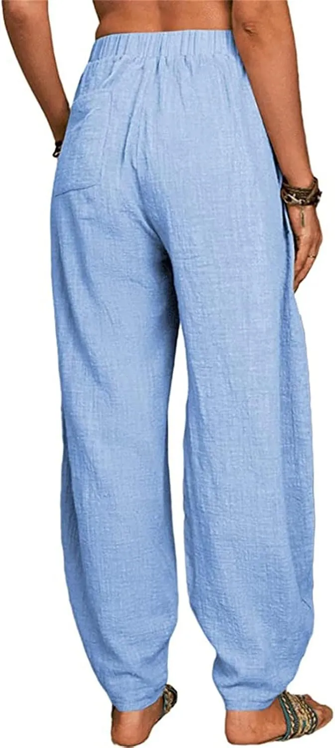 Cotton Linen Pants for Women Summer Casual Capri Pant Waist Elastic Comfy Loose Women's Palazzo Trousers with Pockets