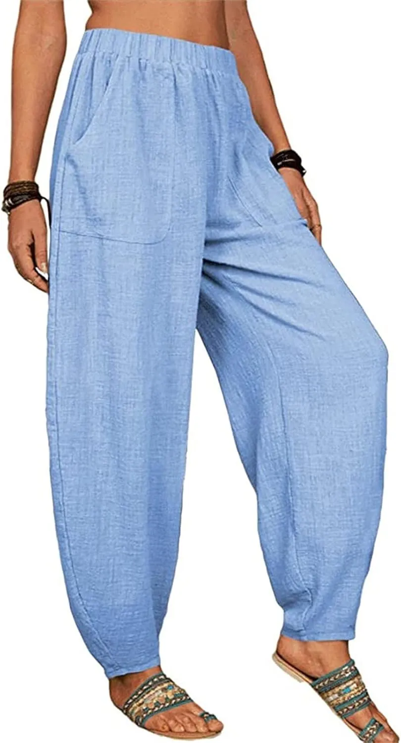 Cotton Linen Pants for Women Summer Casual Capri Pant Waist Elastic Comfy Loose Women's Palazzo Trousers with Pockets