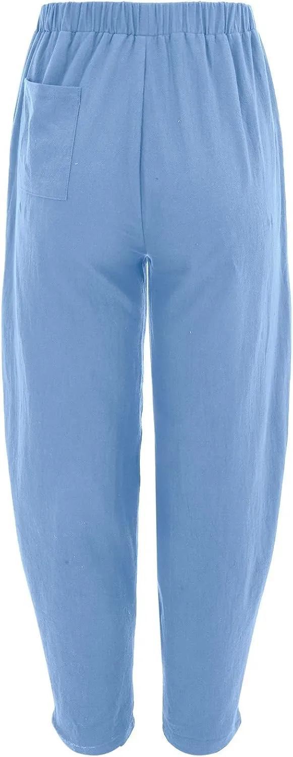 Cotton Linen Pants for Women Summer Casual Capri Pant Waist Elastic Comfy Loose Women's Palazzo Trousers with Pockets