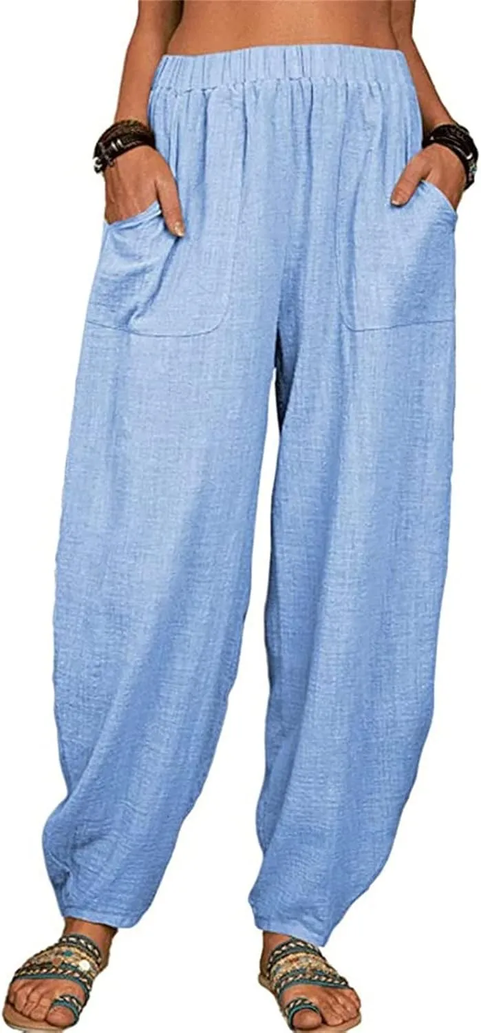 Cotton Linen Pants for Women Summer Casual Capri Pant Waist Elastic Comfy Loose Women's Palazzo Trousers with Pockets