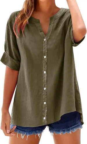 Cotton Linen Shirts for Women Plus Size 3/4 Sleeve V Neck Summer Tops Trendy Boho Loose Button Down Blouses