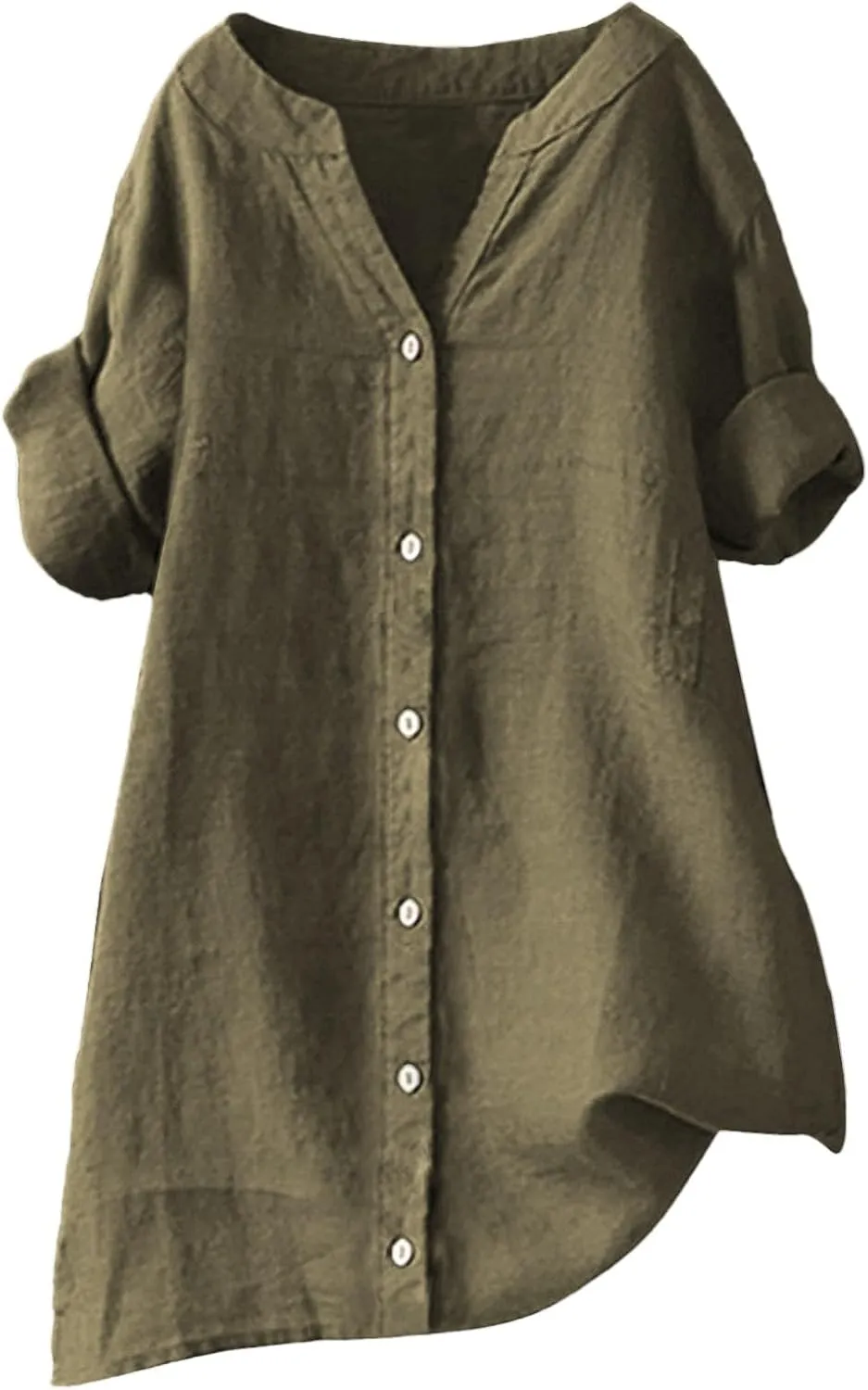Cotton Linen Shirts for Women Plus Size 3/4 Sleeve V Neck Summer Tops Trendy Boho Loose Button Down Blouses