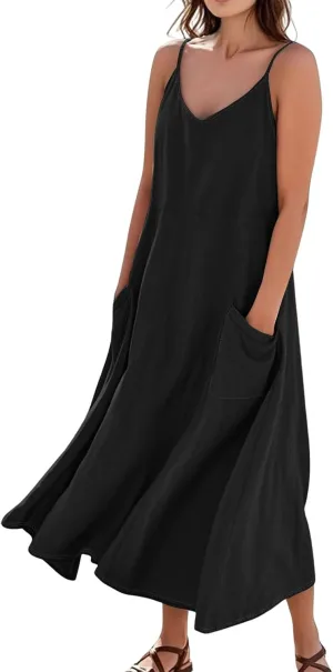 Cotton Linen Sundress for Women Plus Size Sleeveless Spaghetti Strap Midi Dress Loose Beach Vacation with Pockets