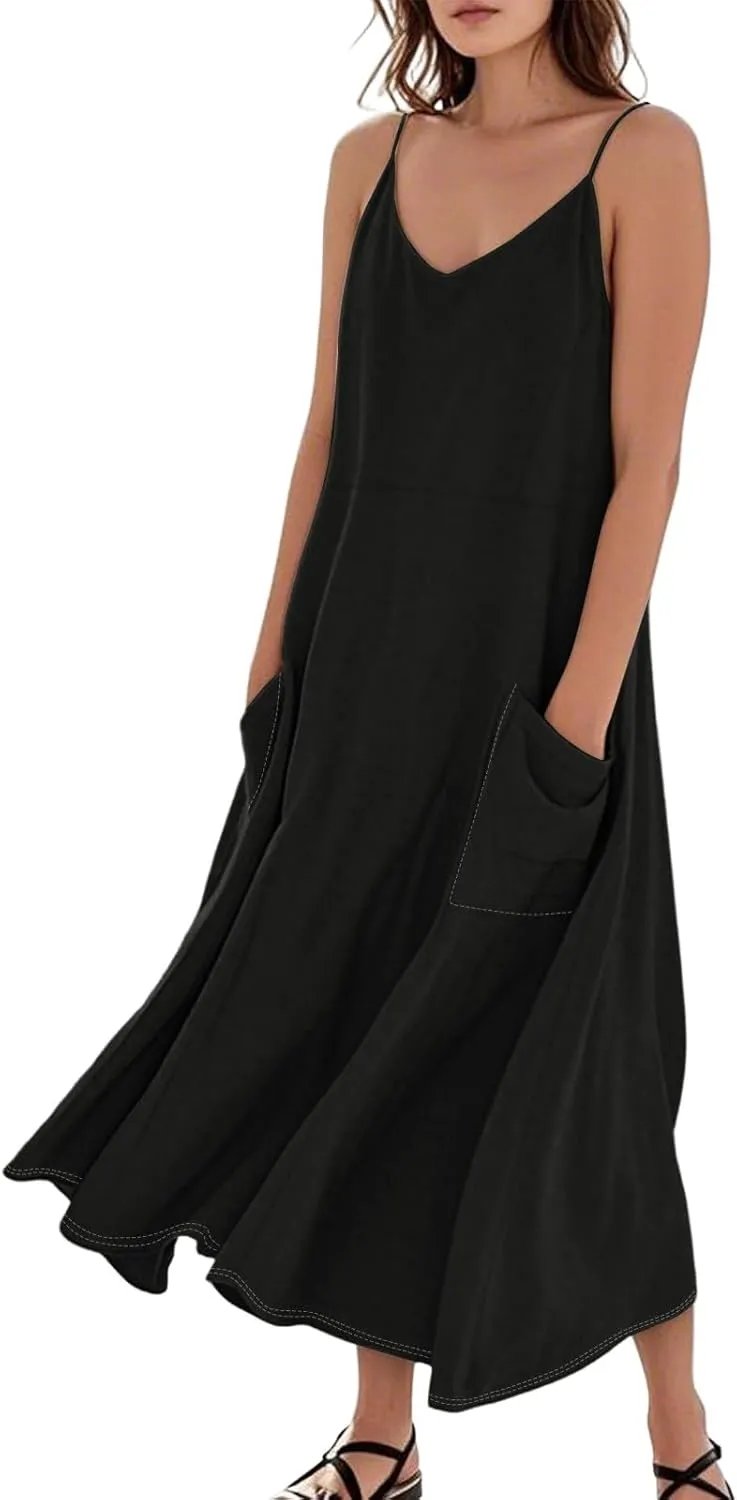 Cotton Linen Sundress for Women Plus Size Sleeveless Spaghetti Strap Midi Dress Loose Beach Vacation with Pockets