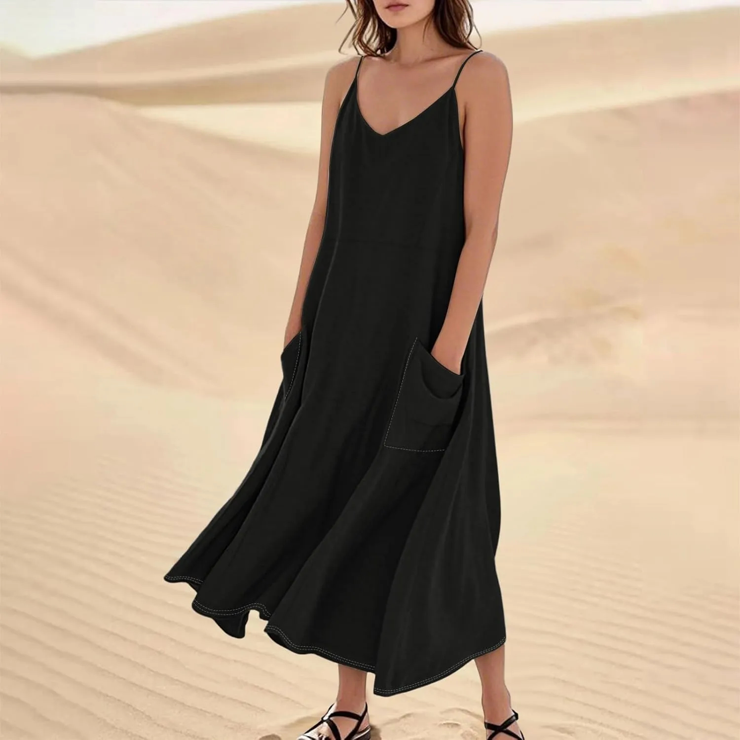 Cotton Linen Sundress for Women Plus Size Sleeveless Spaghetti Strap Midi Dress Loose Beach Vacation with Pockets
