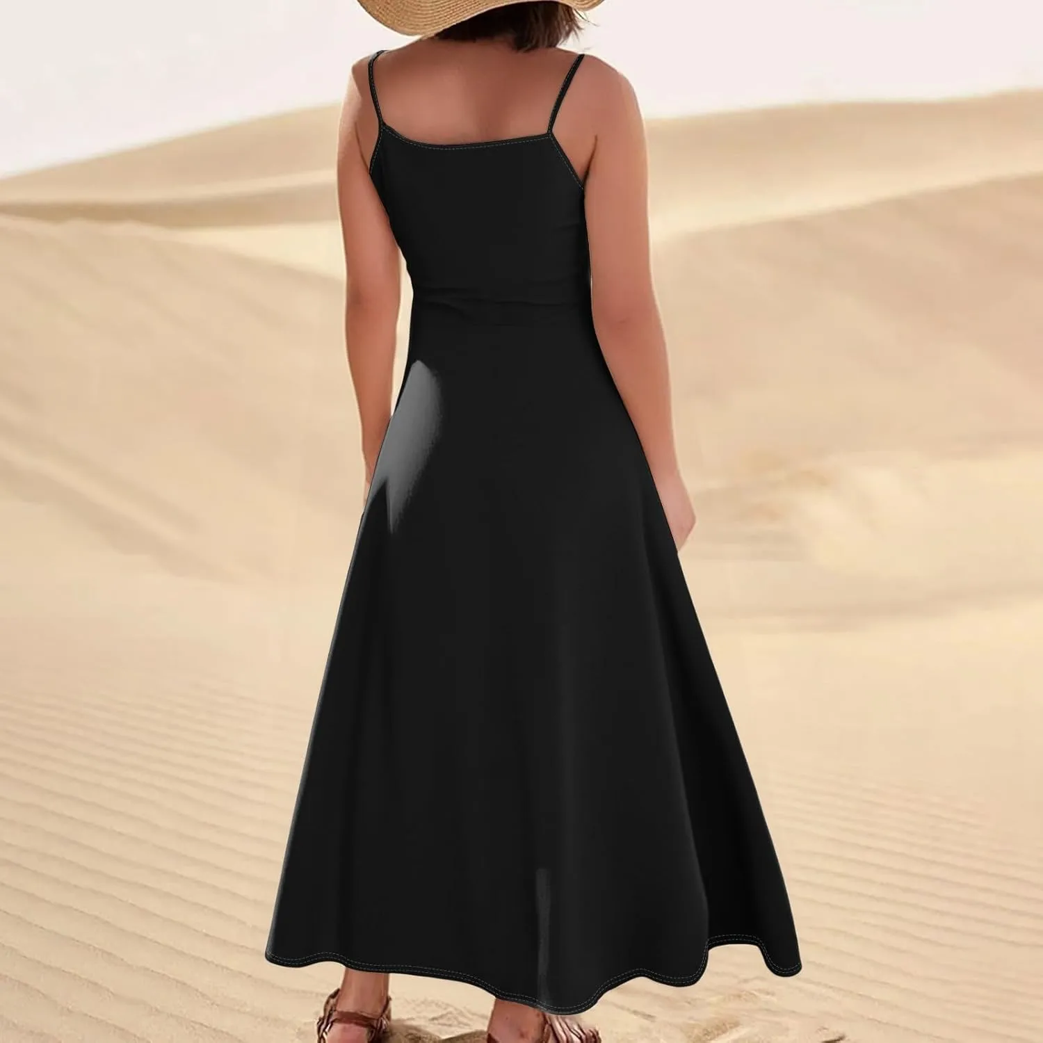 Cotton Linen Sundress for Women Plus Size Sleeveless Spaghetti Strap Midi Dress Loose Beach Vacation with Pockets