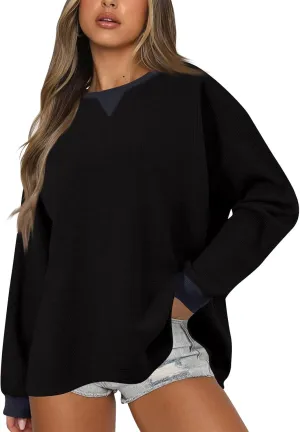 Crewneck Oversized Sweatshirt for Women Waffle Knit Long Sleeve Comfort Hoodie Athleisure Color Block Pullover Sweater