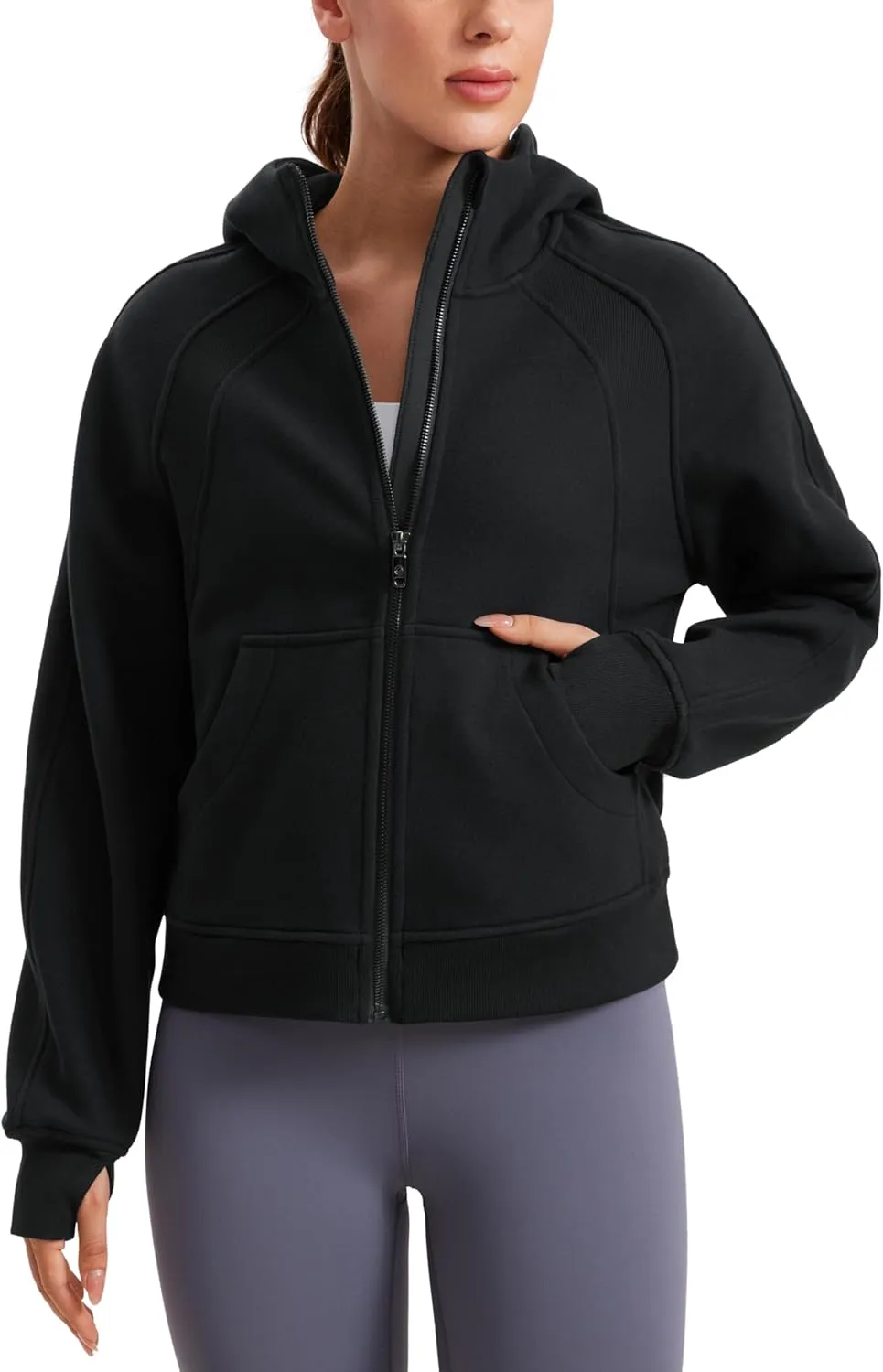 CRZ YOGA Womens Fleece Lined Full Zip Hoodies Oversized Long Sleeve Casual Workout Hooded Sweatshirt with Thumb Holes