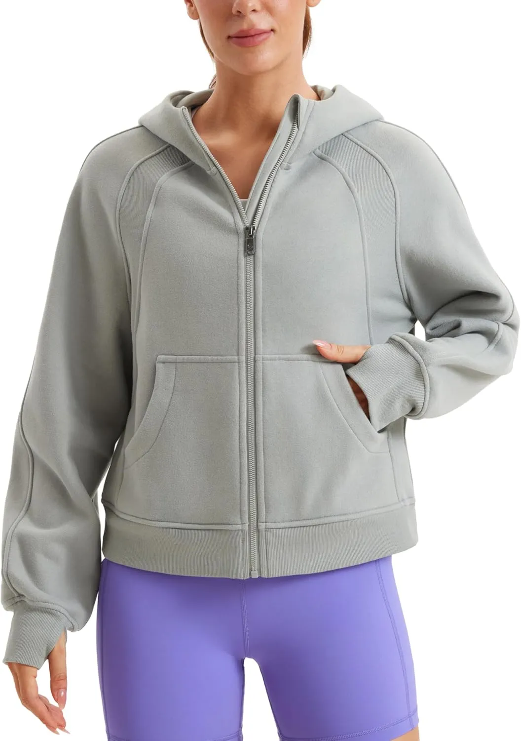CRZ YOGA Womens Fleece Lined Full Zip Hoodies Oversized Long Sleeve Casual Workout Hooded Sweatshirt with Thumb Holes