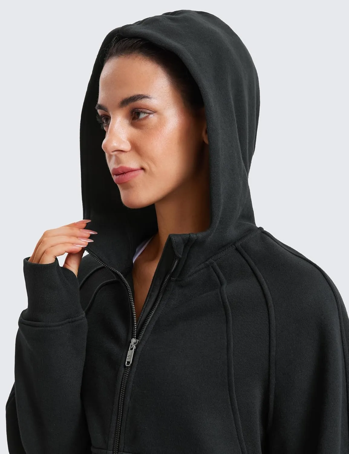 CRZ YOGA Womens Fleece Lined Full Zip Hoodies Oversized Long Sleeve Casual Workout Hooded Sweatshirt with Thumb Holes