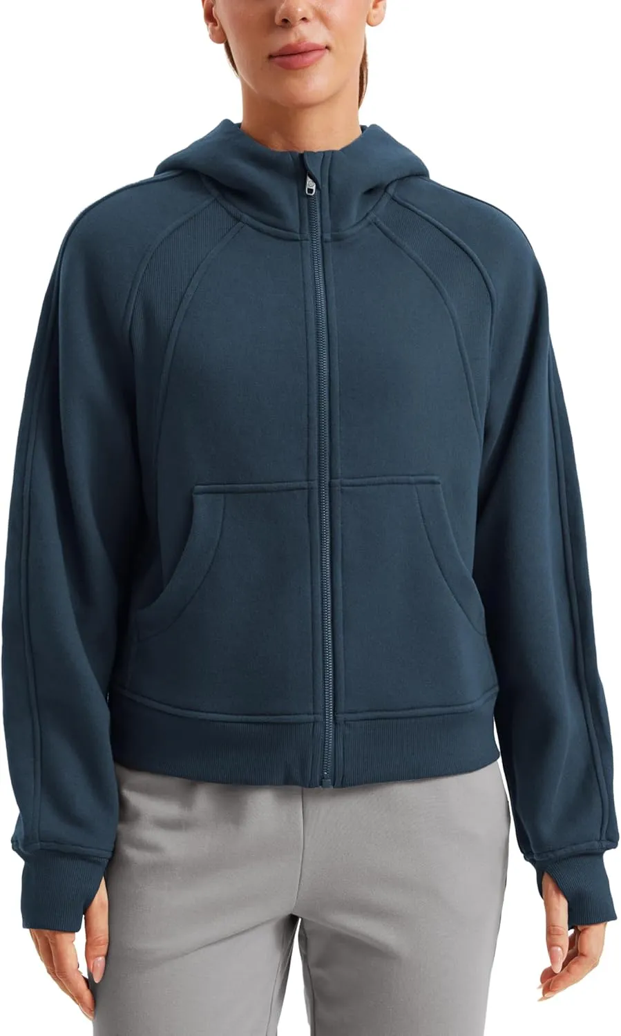 CRZ YOGA Womens Fleece Lined Full Zip Hoodies Oversized Long Sleeve Casual Workout Hooded Sweatshirt with Thumb Holes