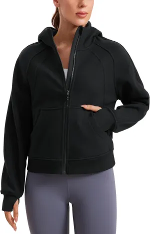 CRZ YOGA Womens Fleece Lined Full Zip Hoodies Oversized Long Sleeve Casual Workout Hooded Sweatshirt with Thumb Holes