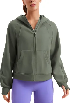CRZ YOGA Womens Fleece Lined Full Zip Hoodies Oversized Long Sleeve Casual Workout Hooded Sweatshirt with Thumb Holes