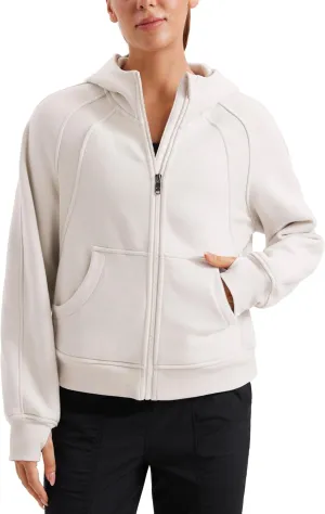 CRZ YOGA Womens Fleece Lined Full Zip Hoodies Oversized Long Sleeve Casual Workout Hooded Sweatshirt with Thumb Holes