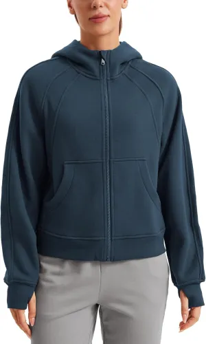 CRZ YOGA Womens Fleece Lined Full Zip Hoodies Oversized Long Sleeve Casual Workout Hooded Sweatshirt with Thumb Holes