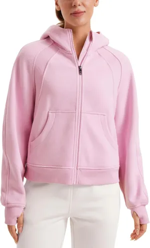 CRZ YOGA Womens Fleece Lined Full Zip Hoodies Oversized Long Sleeve Casual Workout Hooded Sweatshirt with Thumb Holes