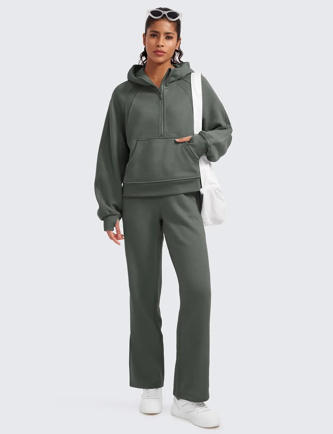 CRZ YOGA Womens Fleece Lined Half Zip Hoodies Pullover Oversized Long Sleeve Casual Workout Sweatshirts with Thumb Holes