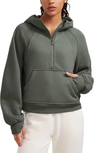 CRZ YOGA Womens Fleece Lined Half Zip Hoodies Pullover Oversized Long Sleeve Casual Workout Sweatshirts with Thumb Holes