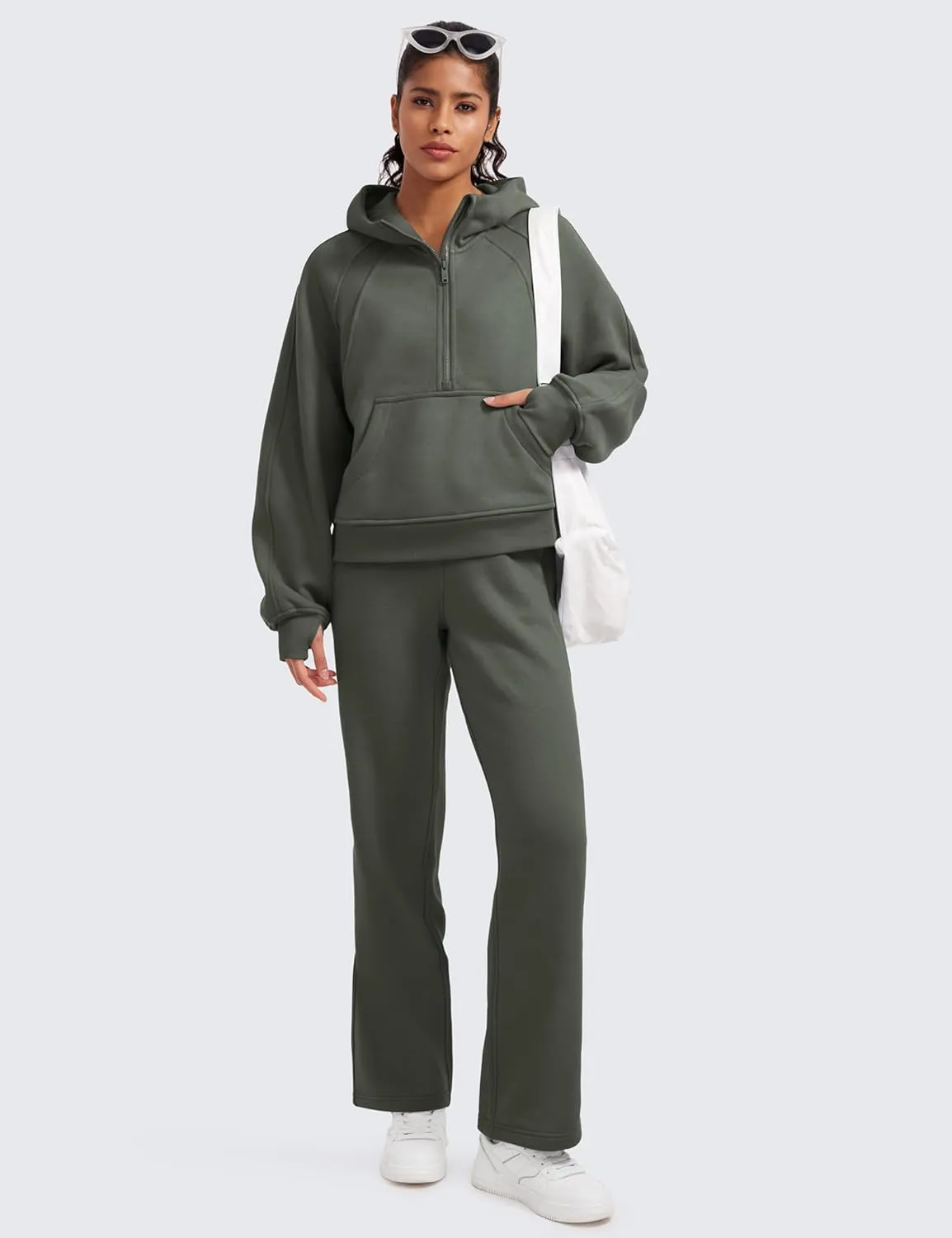 CRZ YOGA Womens Fleece Lined Half Zip Hoodies Pullover Oversized Long Sleeve Casual Workout Sweatshirts with Thumb Holes