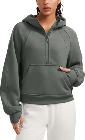 CRZ YOGA Womens Fleece Lined Half Zip Hoodies Pullover Oversized Long Sleeve Casual Workout Sweatshirts with Thumb Holes