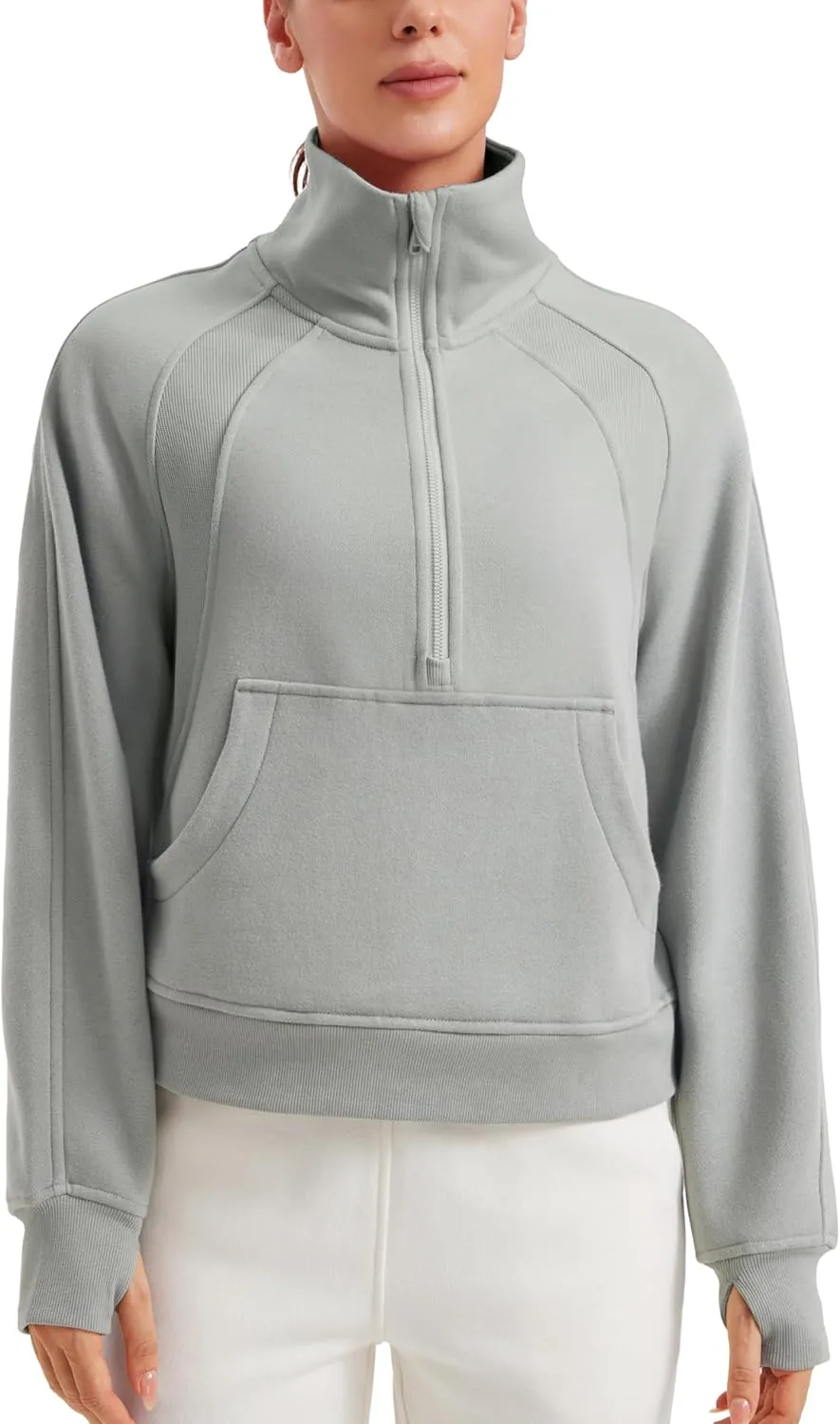 CRZ YOGA Womens Fleece Lined Half Zipper Sweatshirts Funnel Neck Long Sleeve Oversized Pullover Hoodies with Thumb Holes