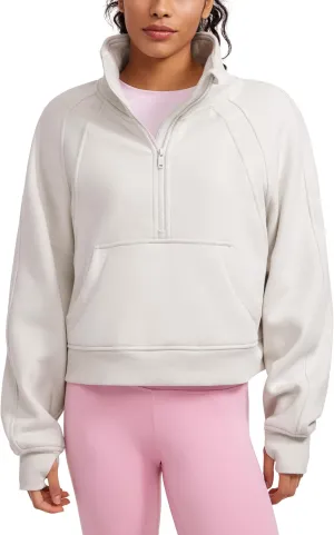 CRZ YOGA Womens Fleece Lined Half Zipper Sweatshirts Funnel Neck Long Sleeve Oversized Pullover Hoodies with Thumb Holes