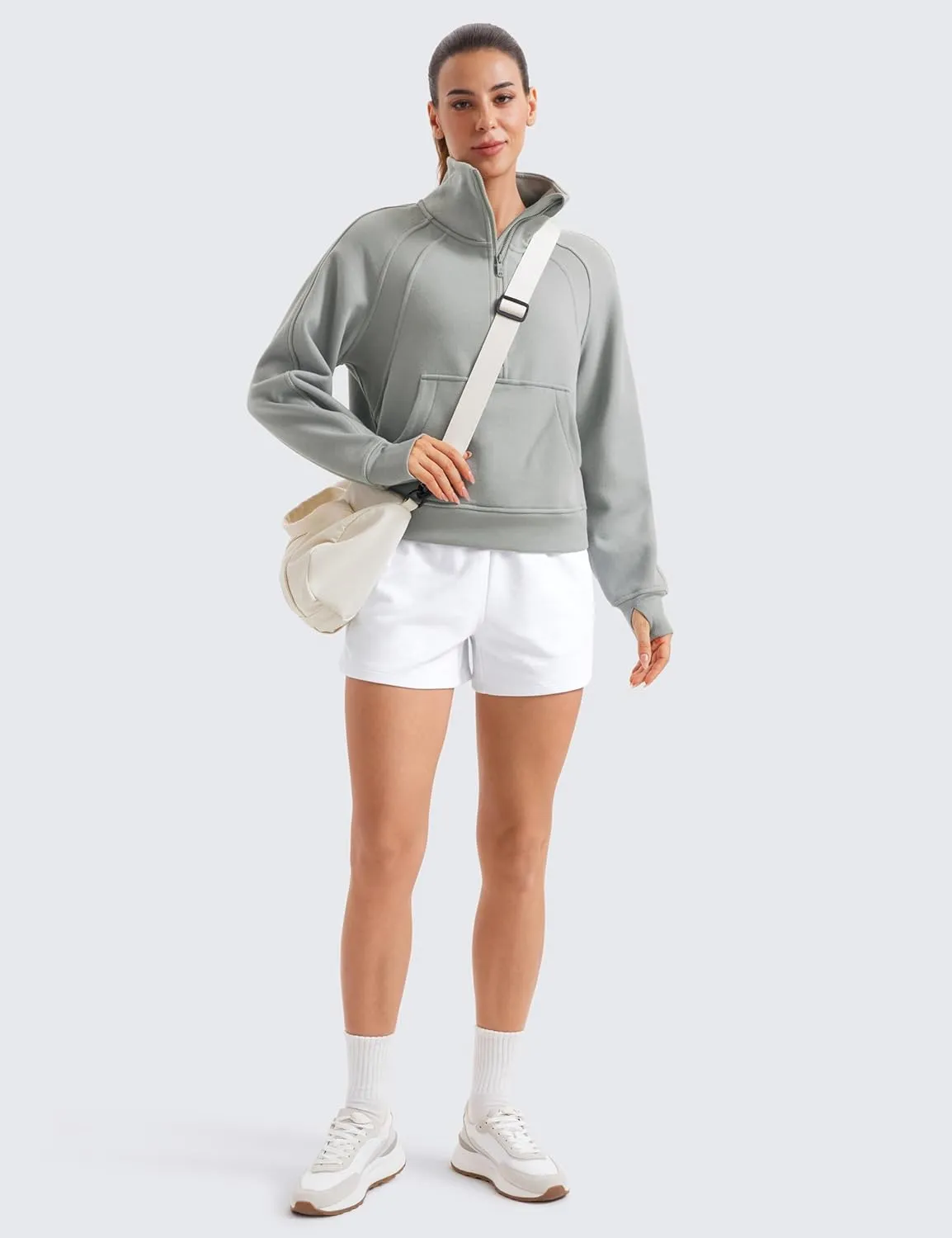CRZ YOGA Womens Fleece Lined Half Zipper Sweatshirts Funnel Neck Long Sleeve Oversized Pullover Hoodies with Thumb Holes