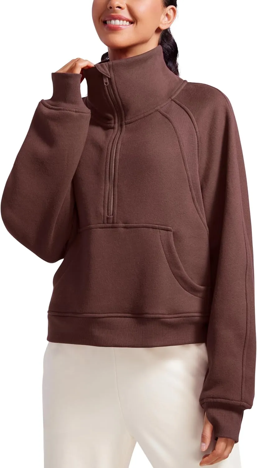 CRZ YOGA Womens Fleece Lined Half Zipper Sweatshirts Funnel Neck Long Sleeve Oversized Pullover Hoodies with Thumb Holes