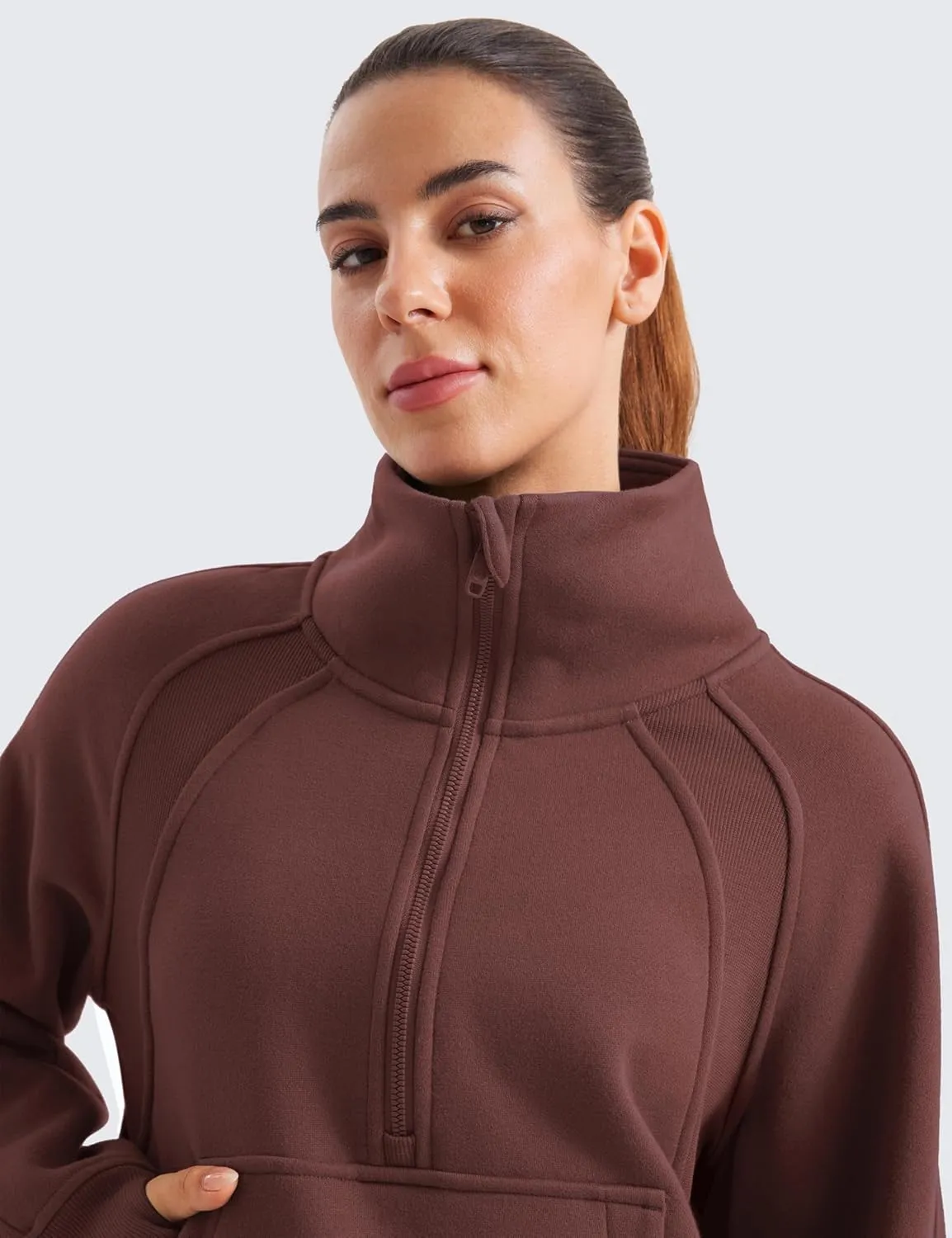 CRZ YOGA Womens Fleece Lined Half Zipper Sweatshirts Funnel Neck Long Sleeve Oversized Pullover Hoodies with Thumb Holes
