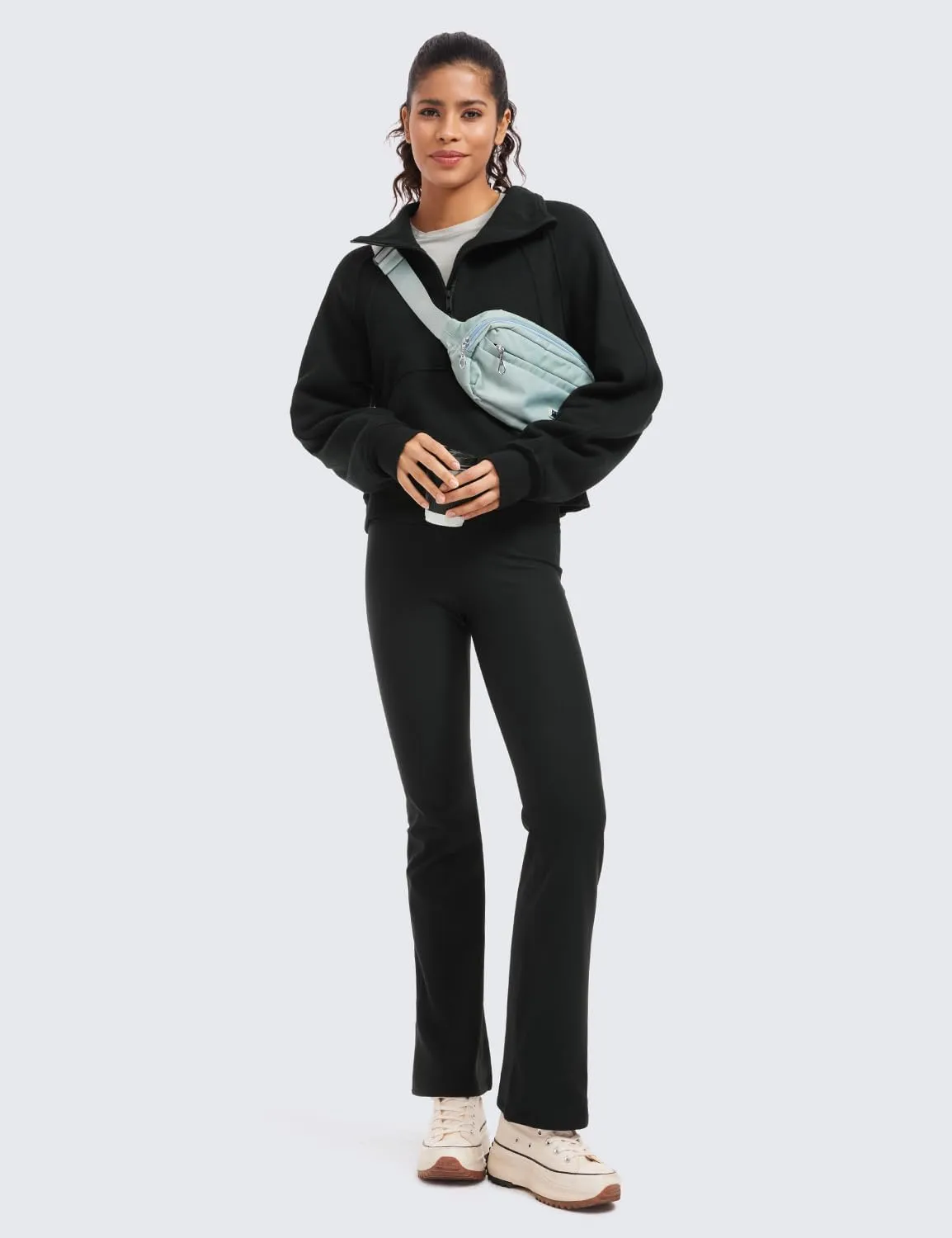 CRZ YOGA Womens Fleece Lined Half Zipper Sweatshirts Funnel Neck Long Sleeve Oversized Pullover Hoodies with Thumb Holes