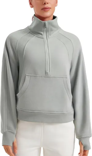 CRZ YOGA Womens Fleece Lined Half Zipper Sweatshirts Funnel Neck Long Sleeve Oversized Pullover Hoodies with Thumb Holes
